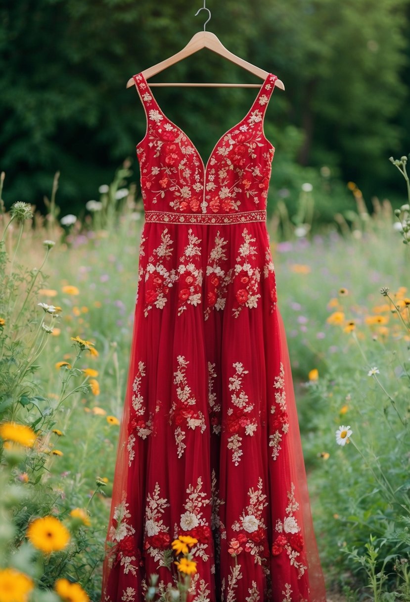 A rustic red floral embroidered gown hanging on a wooden hanger, surrounded by wildflowers and greenery