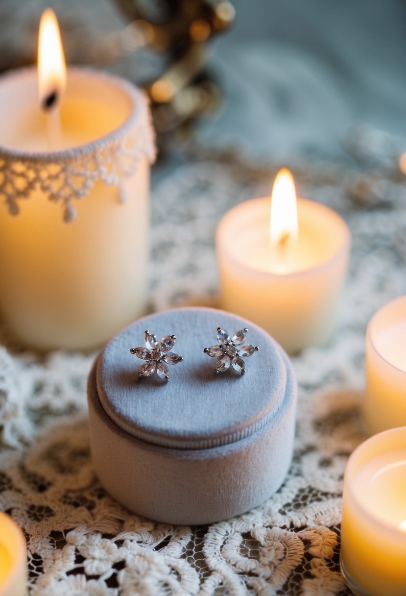 A pair of delicate floral crystal studs shimmering on a velvet jewelry display, surrounded by soft candlelight and vintage lace