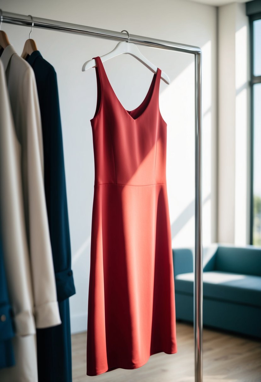 A simple, elegant red slip dress hangs on a sleek modern clothing rack in a sunlit room