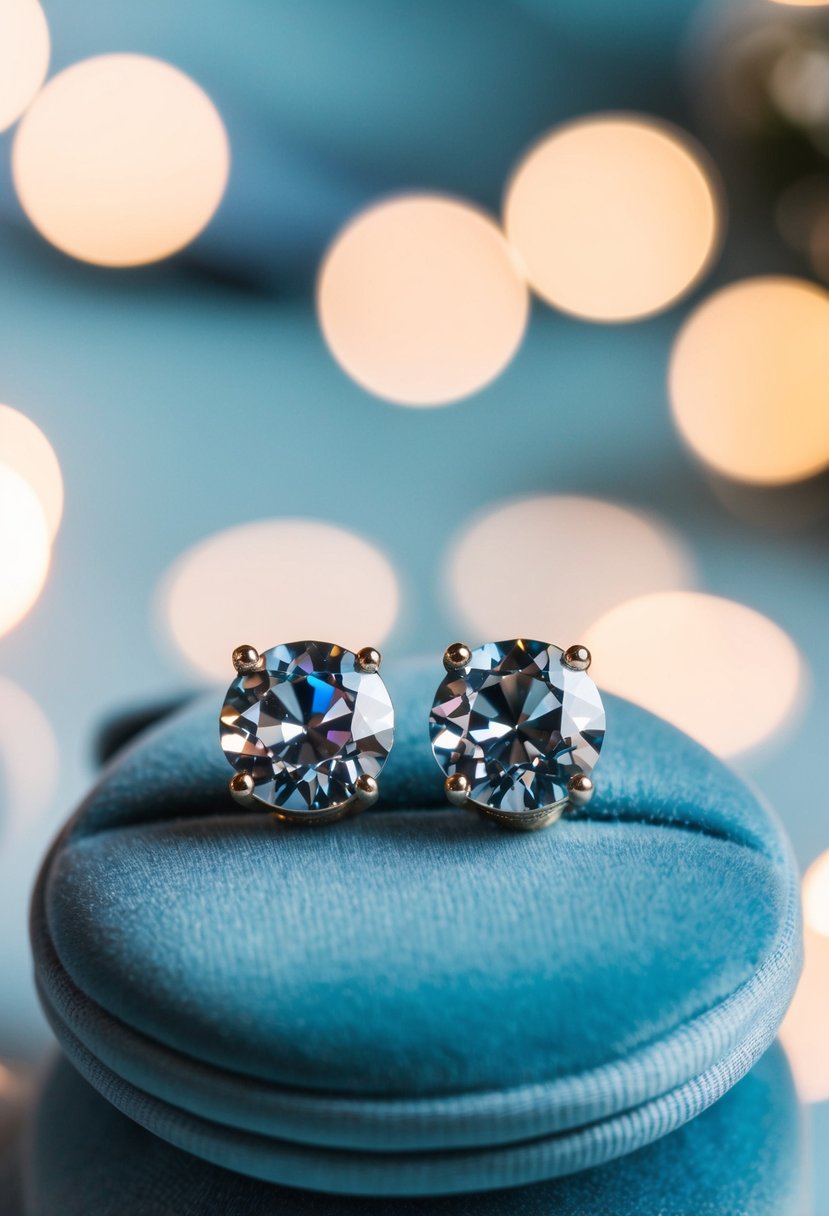 A pair of Swarovski crystal stud earrings resting on a velvet cushion, surrounded by soft, romantic lighting