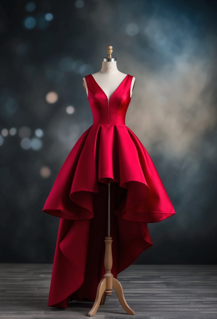 A stunning red high-low dress billows in the wind, set against a dramatic and moody background