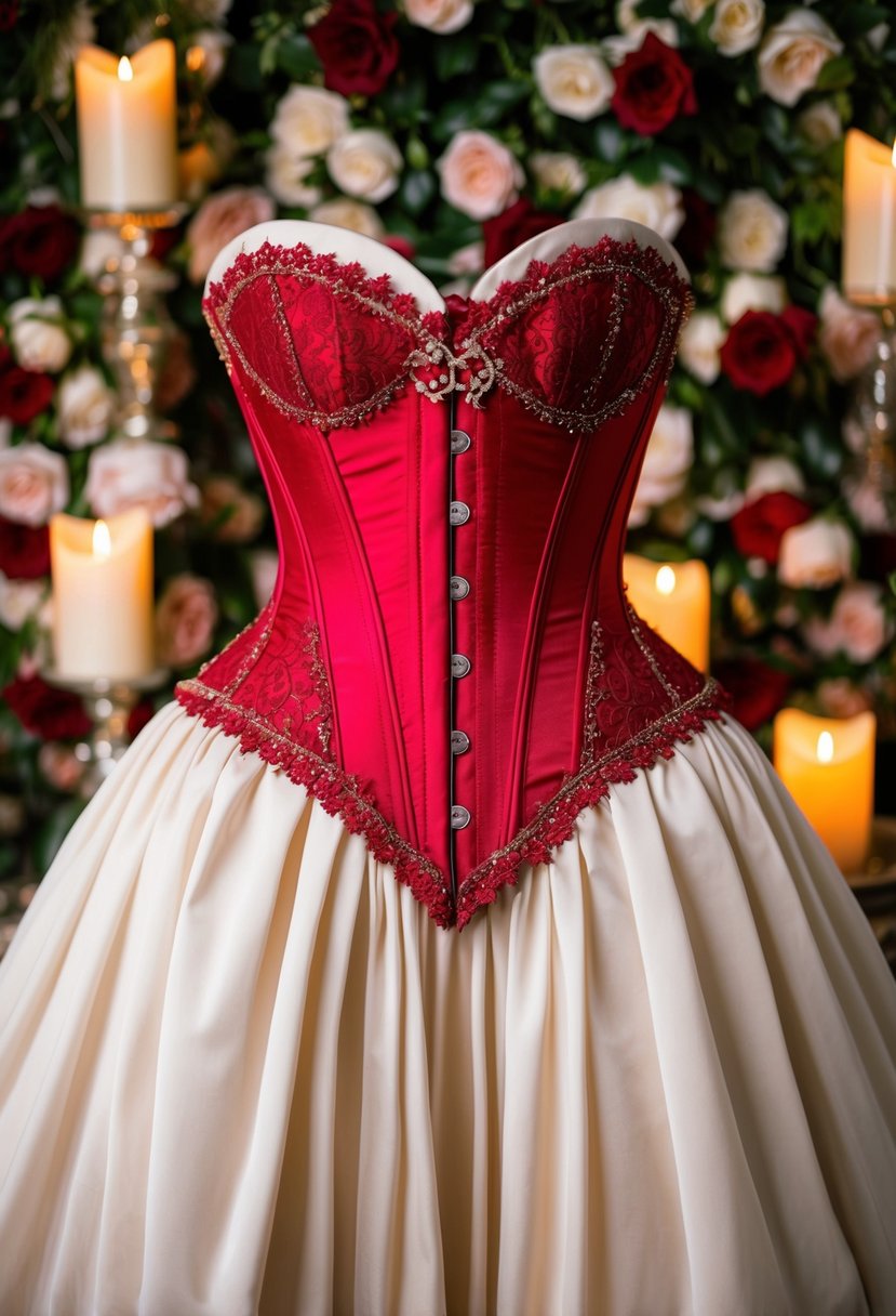 A regal red corset with a flowing skirt, adorned with intricate lace and beading, set against a backdrop of cascading roses and elegant candlelight