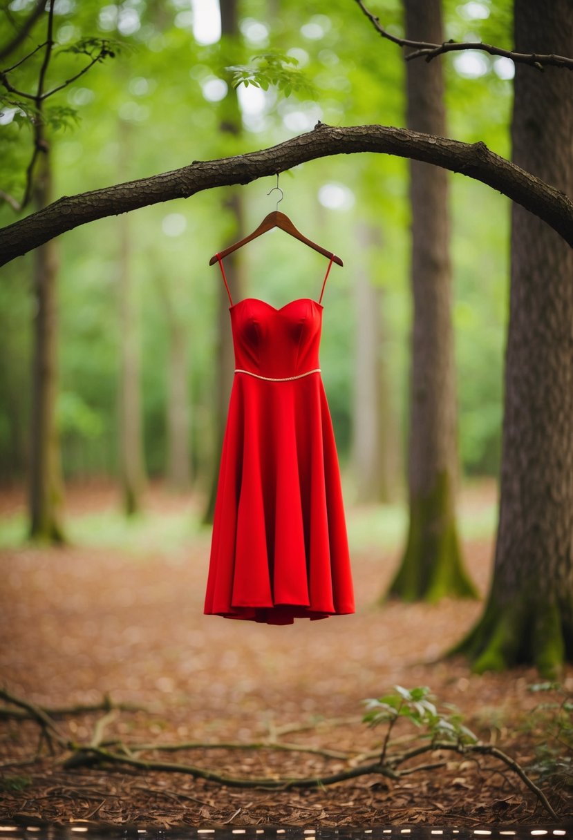 A heart-shaped red dress hanging from a tree branch in a whimsical forest setting