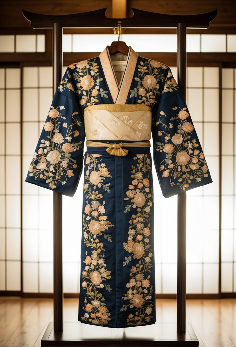 A traditional Japanese wedding kimono displayed on a wooden stand, adorned with intricate floral patterns and delicate embroidery