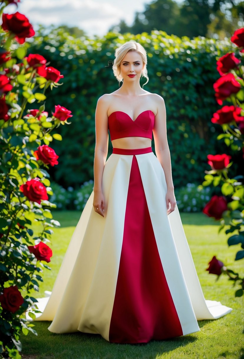 A bride in a unique red two-piece wedding outfit stands in a garden, surrounded by vibrant red roses and greenery