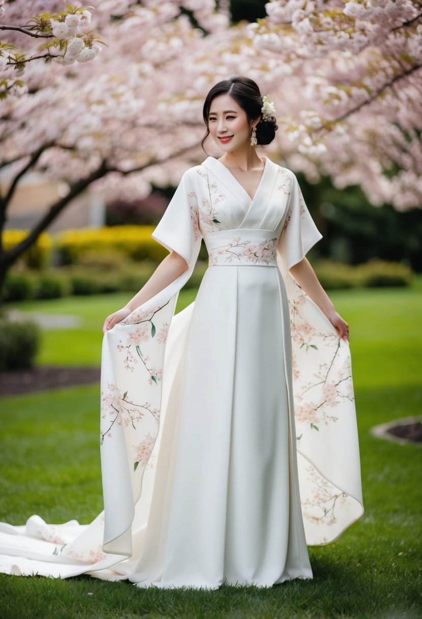 A bride stands in a garden, wearing a flowing kimono-style A-line wedding dress with delicate floral patterns and a graceful train. Cherry blossoms bloom in the background