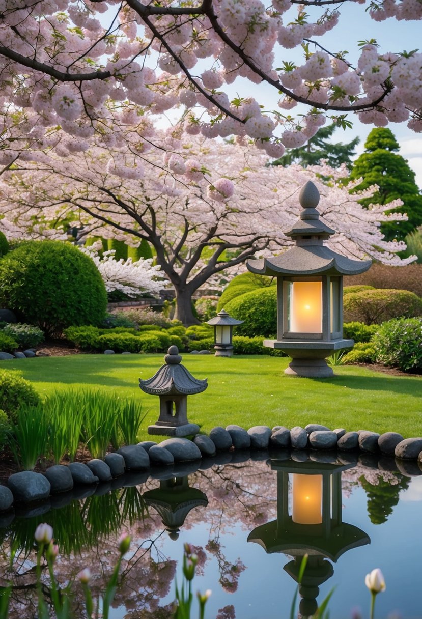 A serene garden with a blooming cherry blossom tree, a stone lantern, and a tranquil pond