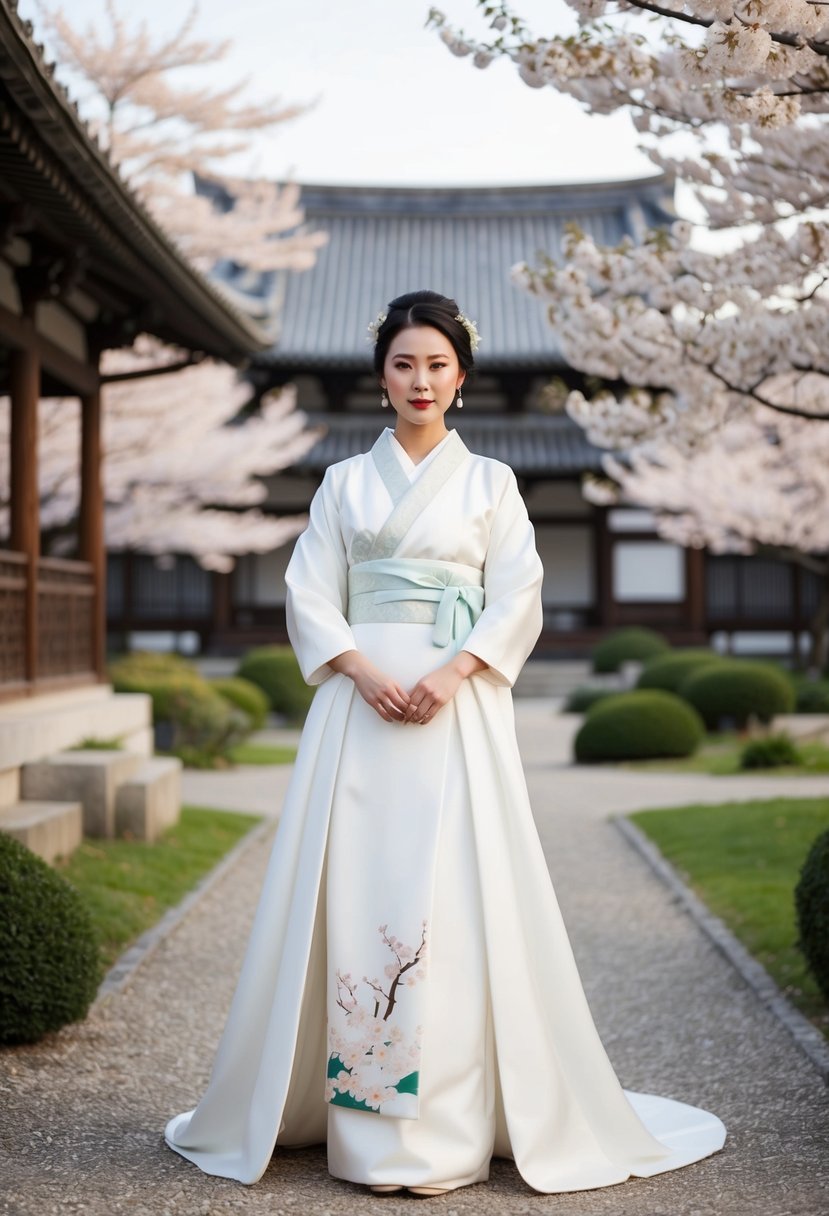 A bride in a modern Hanbok wrap-style wedding dress stands in a serene Japanese garden, surrounded by cherry blossom trees and traditional architecture