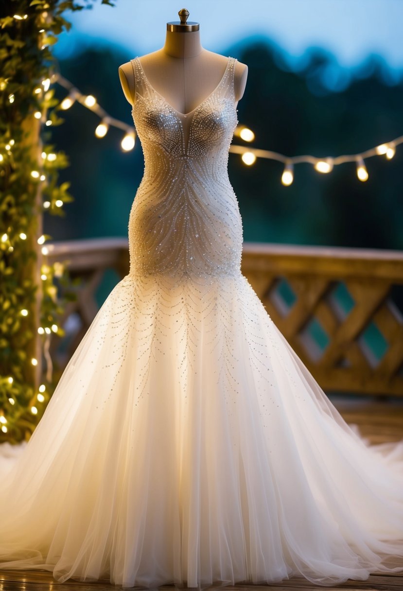 A beaded mermaid-style tulle wedding dress shimmers under the soft glow of fairy lights, creating a dreamy and enchanting atmosphere