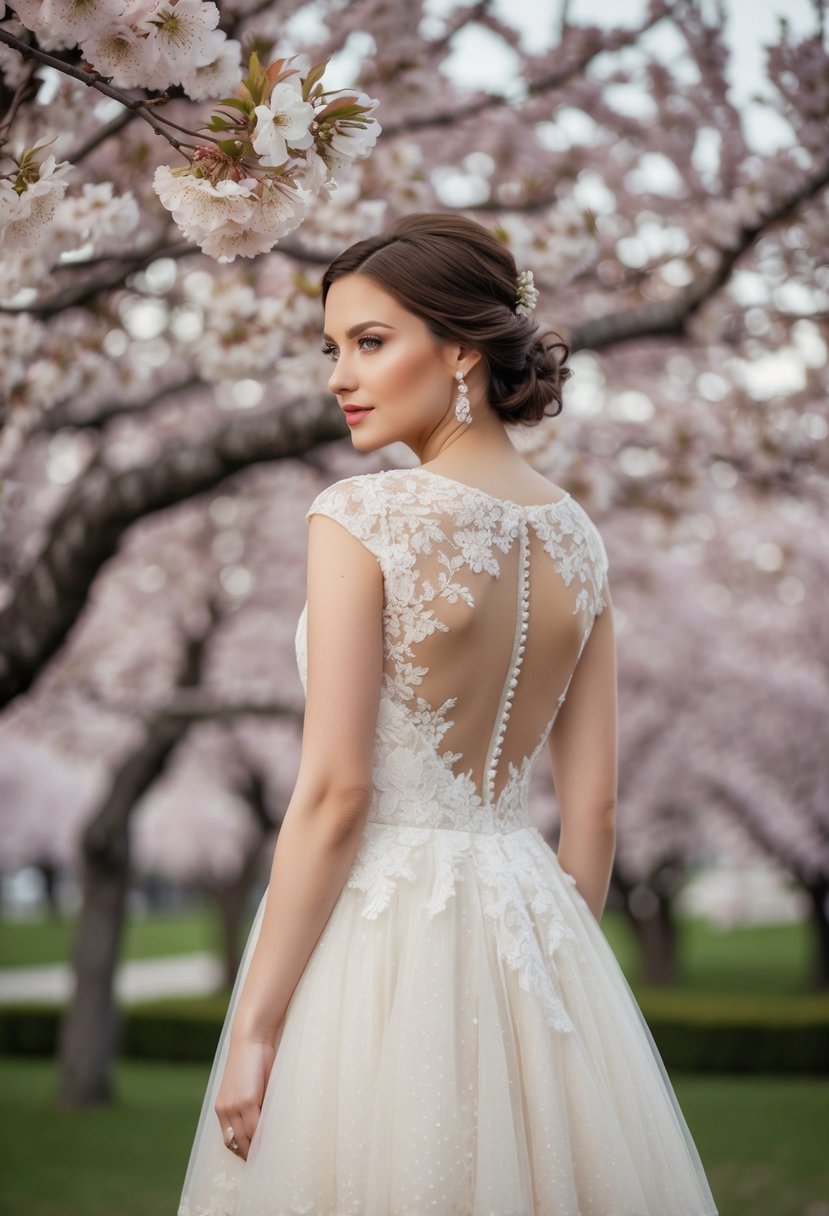 An ethereal ivory lace dress with dotted tulle, featuring an illusion back, set against a backdrop of cherry blossom trees in full bloom