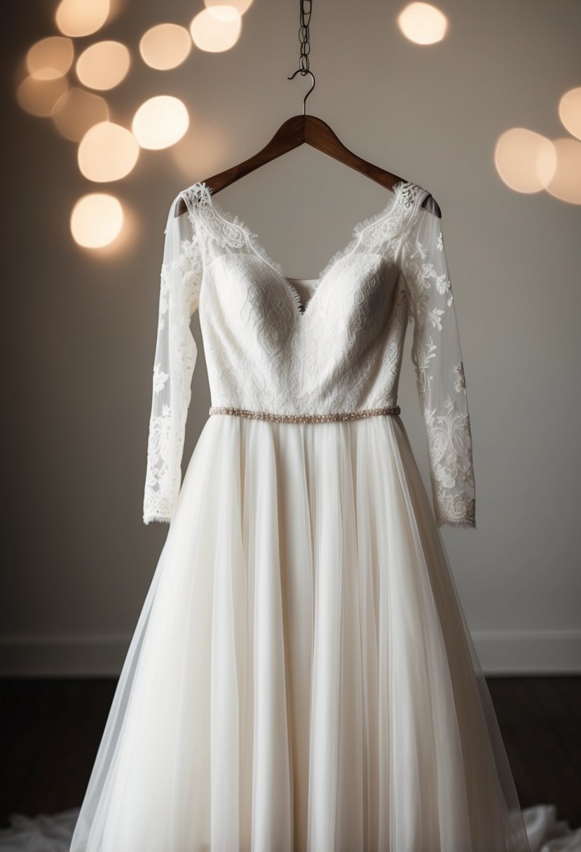 A flowing wedding dress with delicate lace sleeves hangs on a vintage wooden hanger, surrounded by soft, romantic lighting