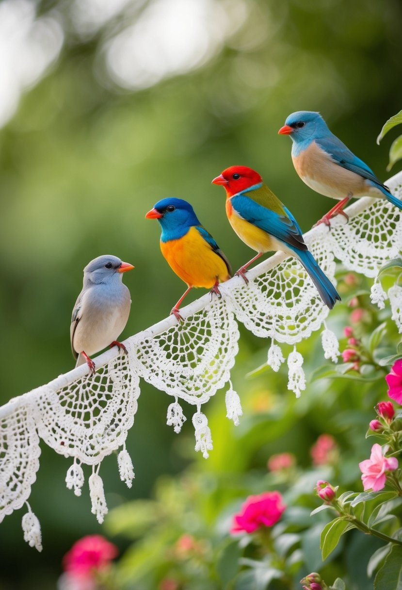 A serene garden with colorful birds perched on delicate lace branches