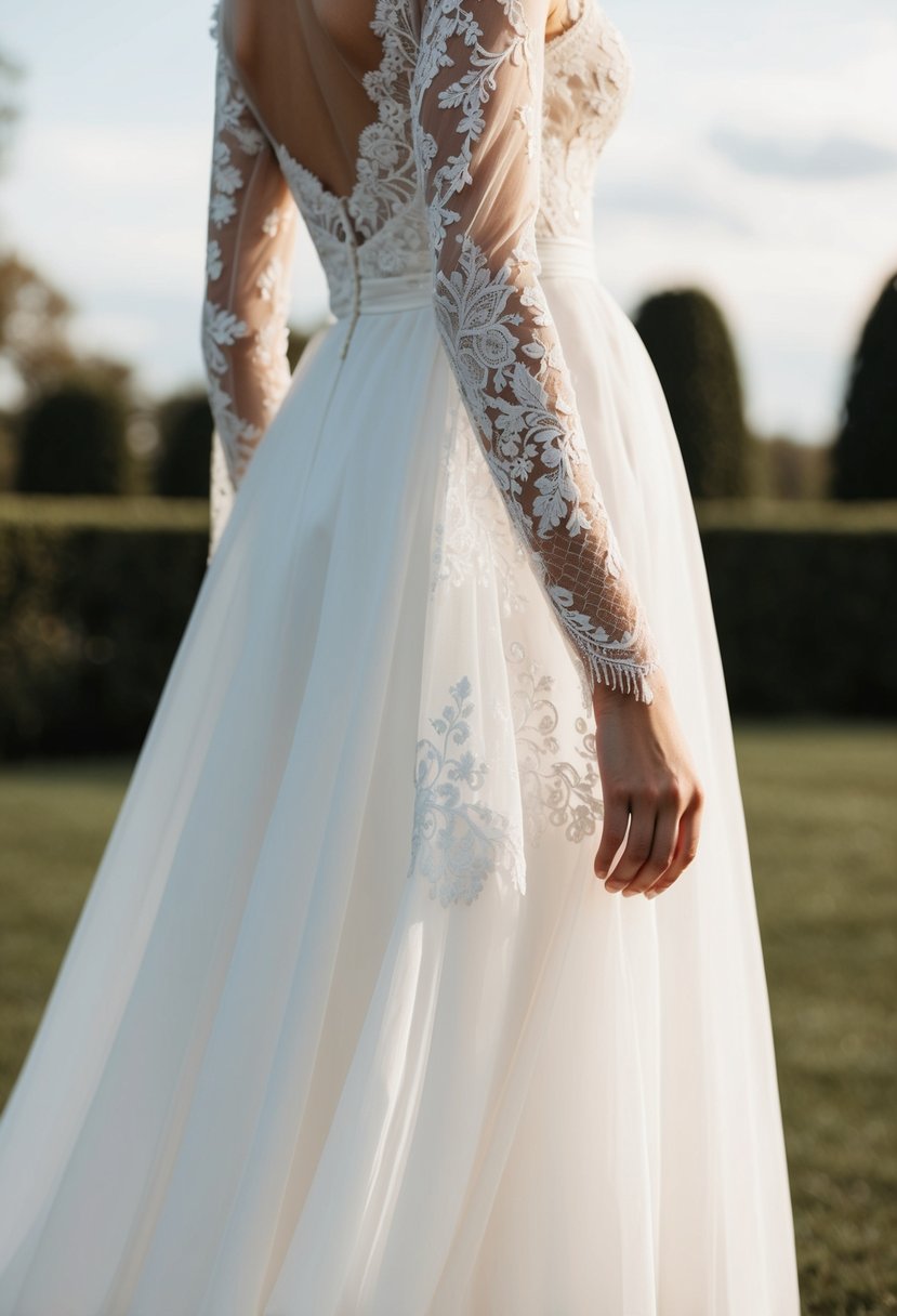 Delicate Chantilly lace sleeves drape over a flowing wedding gown, adding an elegant and romantic touch to the dress