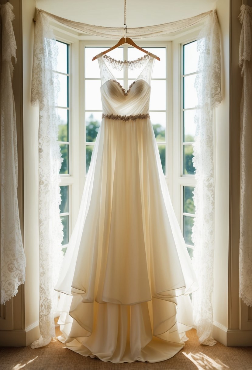 A flowing ivory wedding dress hanging in a sunlit room, surrounded by delicate lace and intricate beadwork