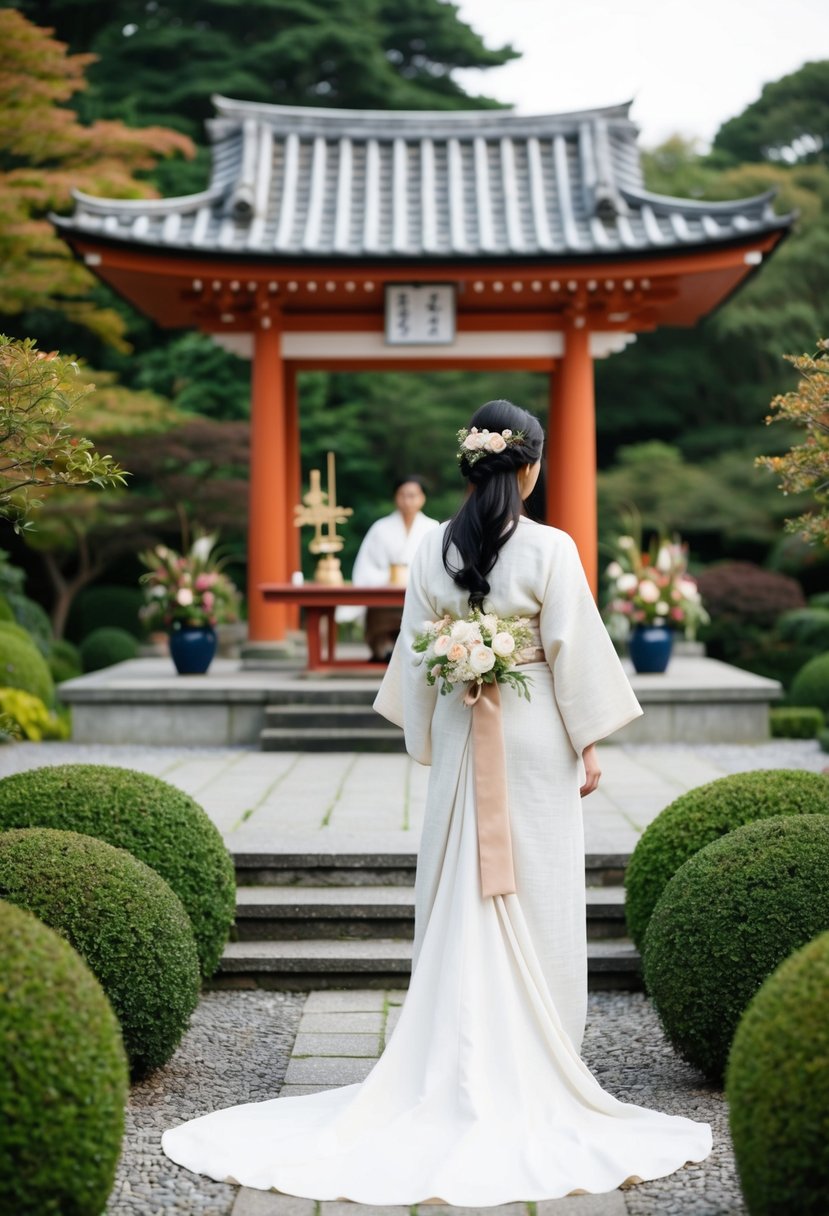 A serene garden setting with a traditional Japanese wedding altar and a bride wearing a flowing Linen Maxi Kimono Sleeve Dress