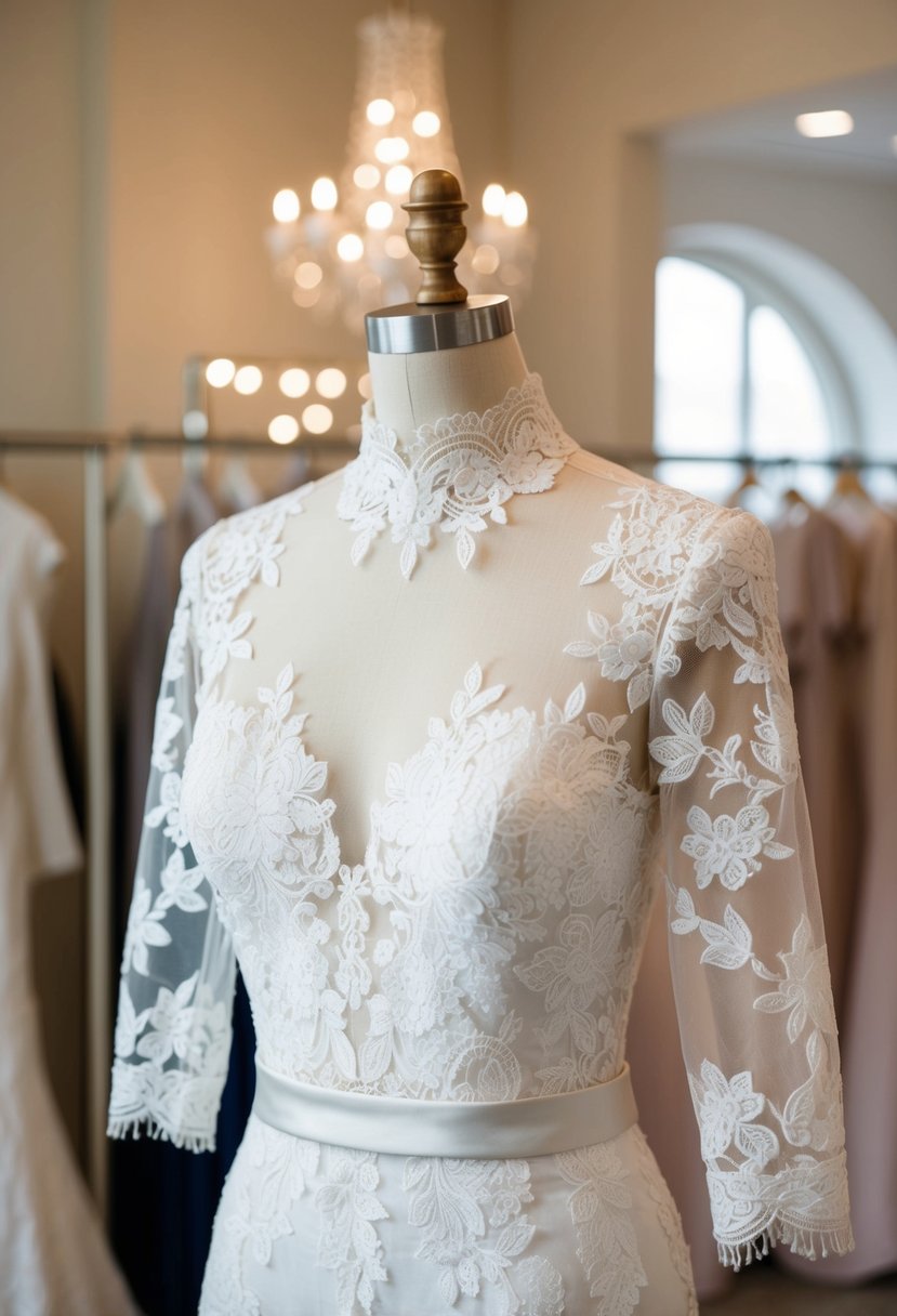 A guipure lace wedding dress with a high neckline and lace sleeves, hanging on a mannequin in a softly lit bridal boutique