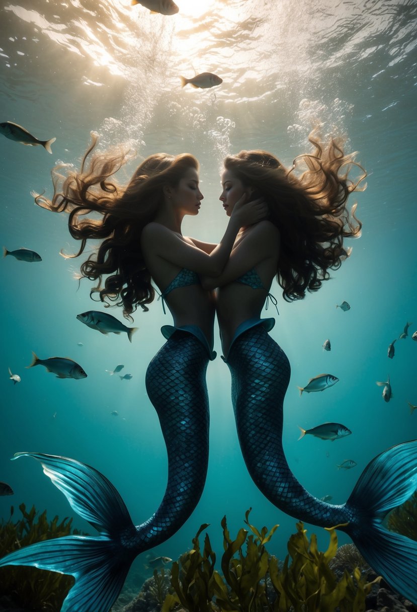 Two mermaid silhouettes embracing underwater, surrounded by swirling seaweed and shimmering fish