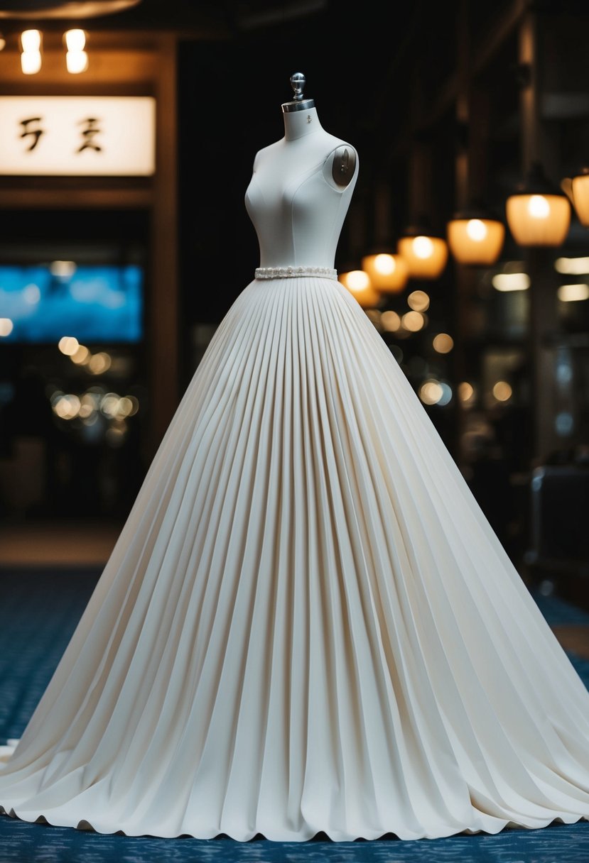 An elegant, origami-pleated skirt flowing gracefully, inspired by traditional Japanese wedding dress designs