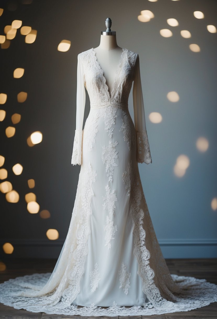 A vintage long sleeve lace gown draped over a mannequin, with intricate lace detailing and a flowing silhouette