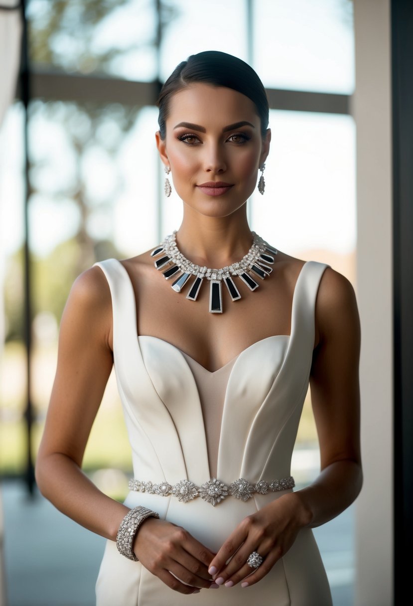 A sleek ivory wedding dress adorned with bold, modern jewelry