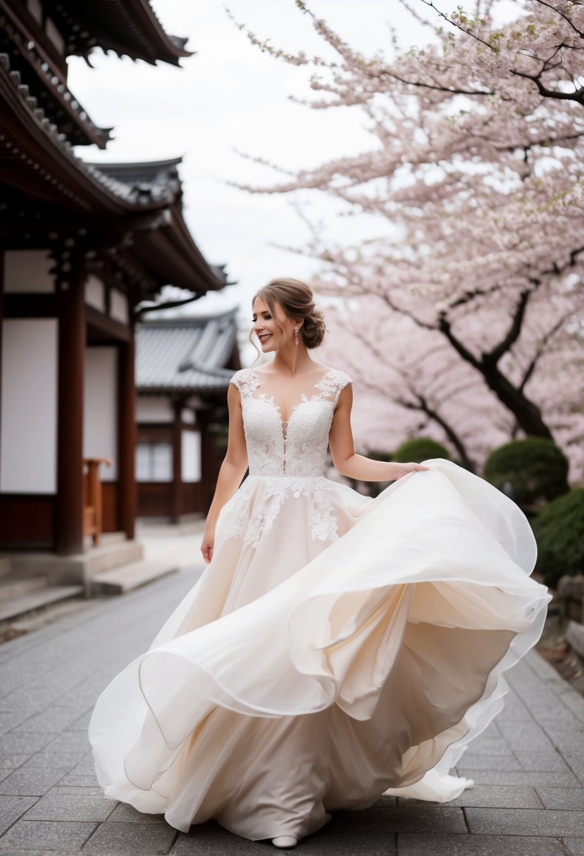 A bride twirls in a flowing silk and lace wedding gown, surrounded by cherry blossoms and traditional Japanese architecture