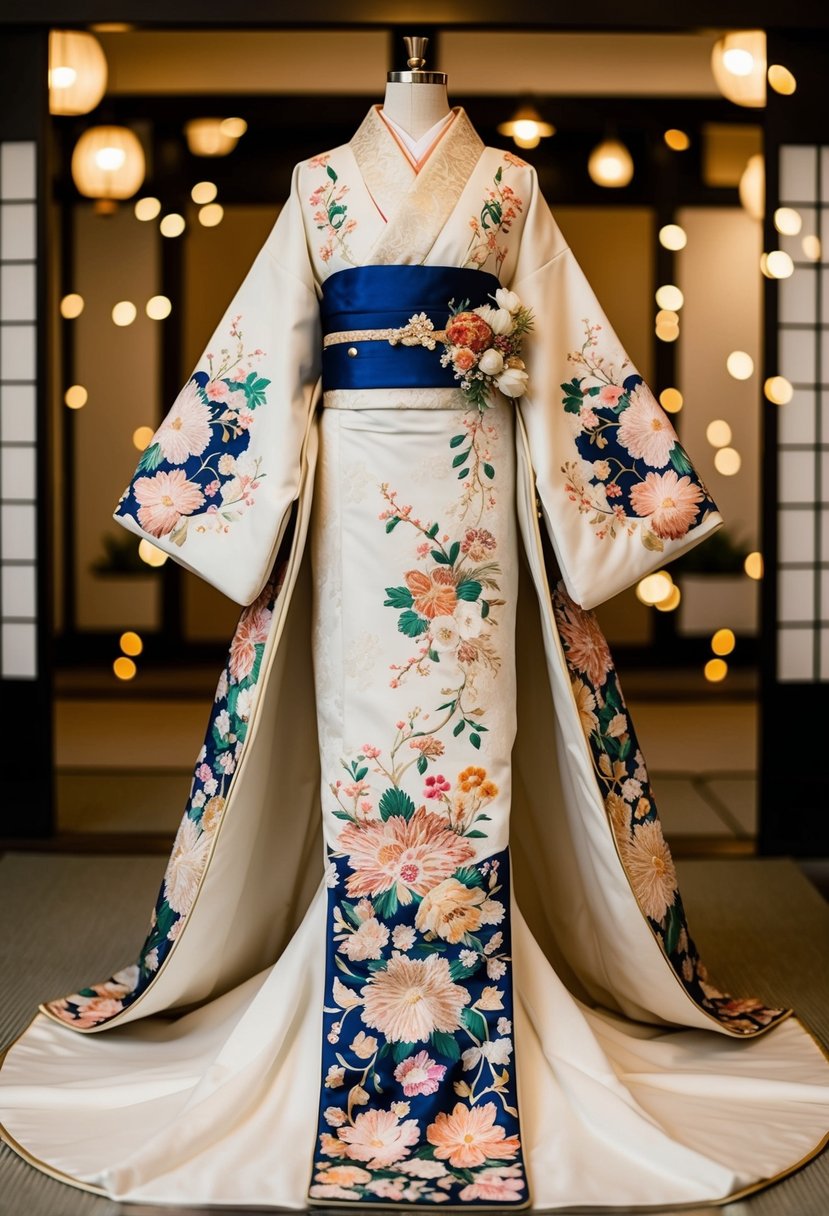 A stunning Uchikake Kimono by Yumi Katsura, adorned with intricate floral patterns and delicate embroidery, cascading down from a traditional Japanese wedding dress