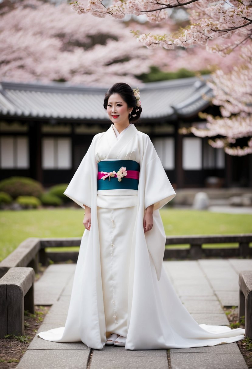 A bride stands in a traditional Japanese garden, wearing a flowing white Takami bridal gown. Cherry blossoms bloom in the background