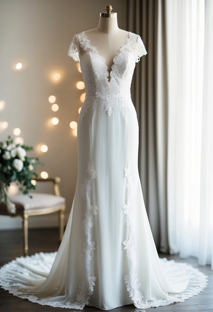 An ivory wedding dress with delicate lace accents cascading down the bodice and trailing along the hem for timeless elegance