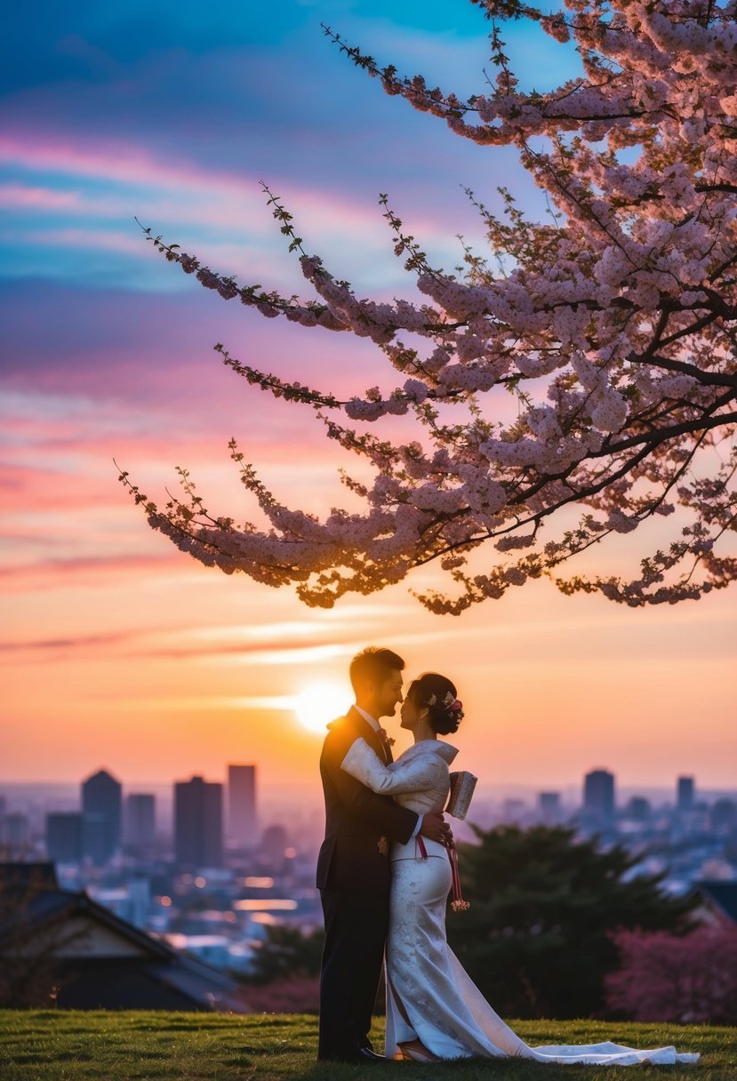 A couple stands beneath a cherry blossom tree, embracing in traditional Japanese wedding attire. The sun sets behind them, casting their silhouettes against the vibrant sky