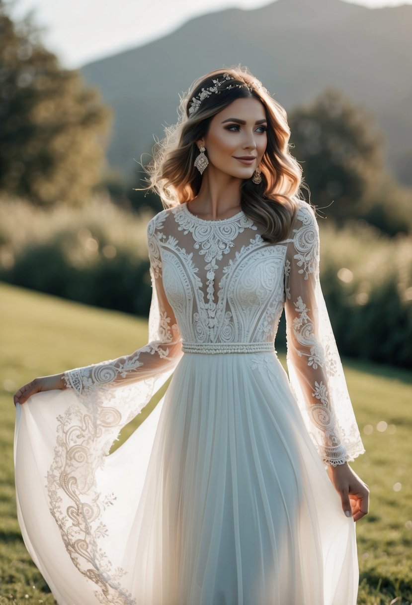 A flowing, boho-inspired lace sleeves wedding dress with intricate patterns and delicate details