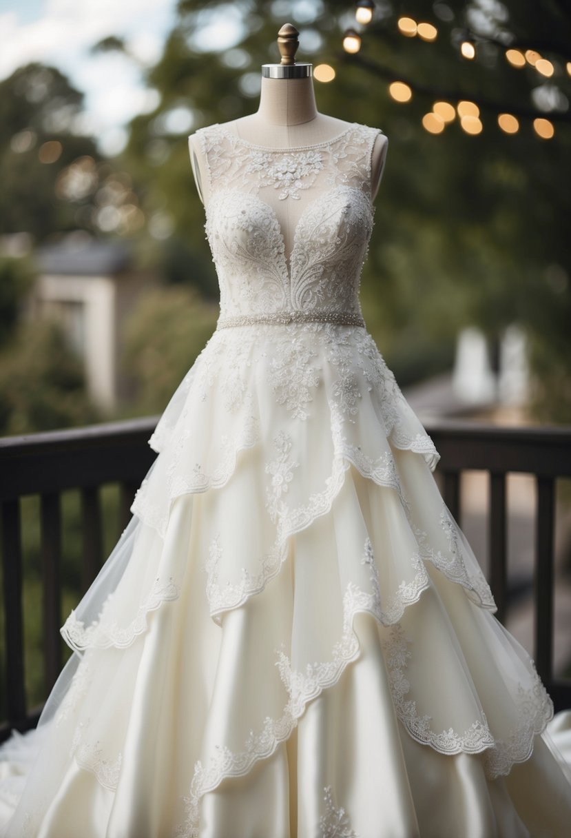 An ivory wedding dress with lace, tulle, and satin layers, adorned with delicate beading and embroidery for added texture and dimension