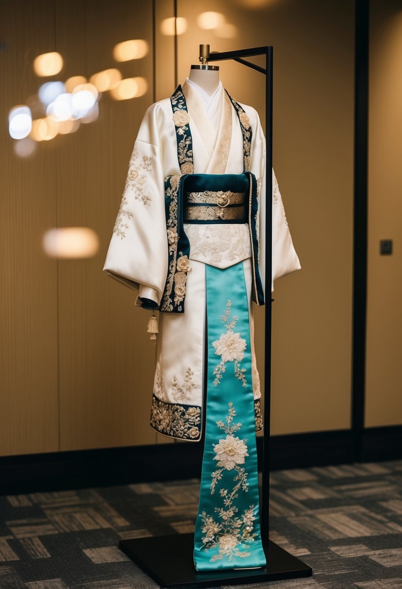 A traditional Japanese wedding attire displayed on a stand, adorned with intricate embroidery and elegant silk fabric