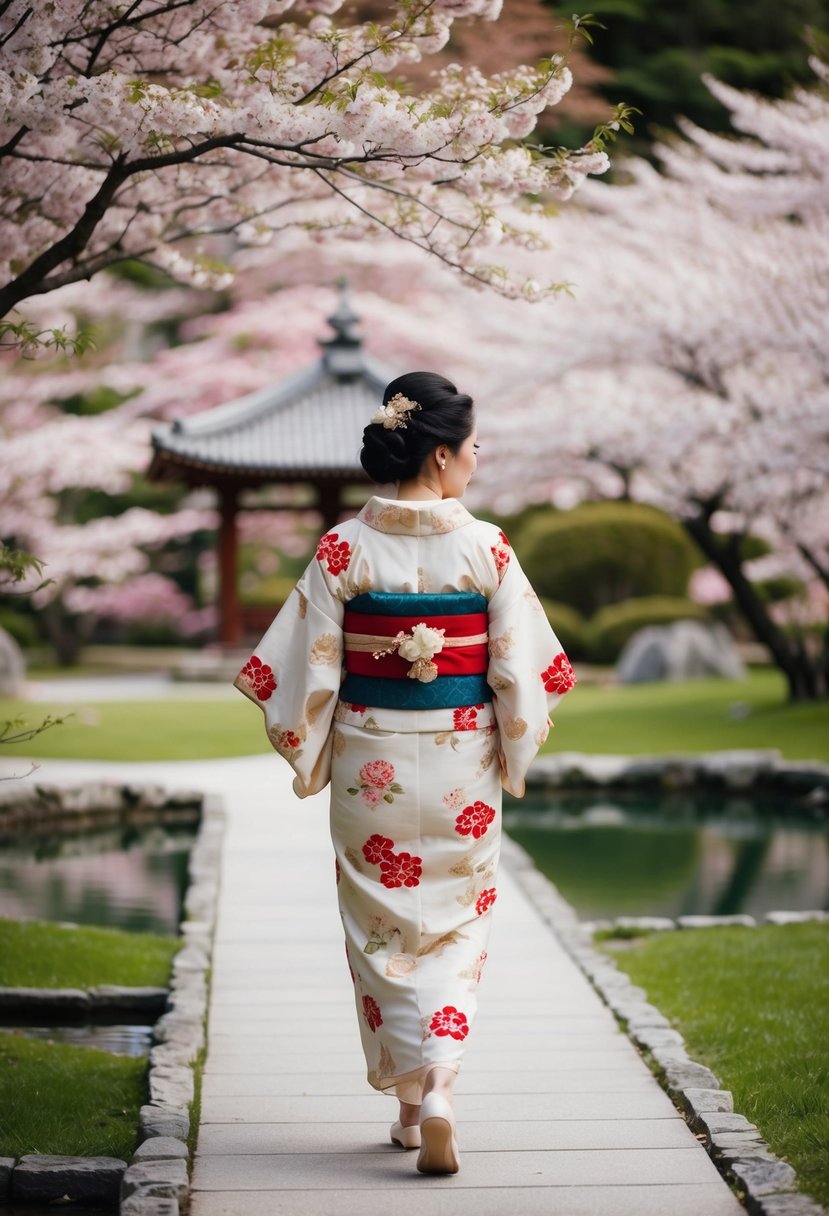 A bride in a vintage-inspired kimono walks through a traditional Japanese garden, surrounded by cherry blossom trees and a serene pond