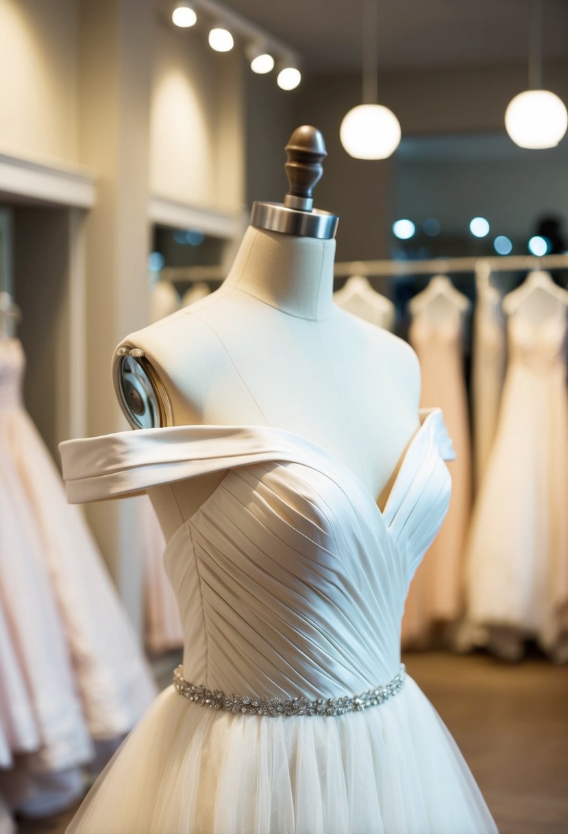 An ivory wedding dress with an off-the-shoulder design, draped on a mannequin in a softly lit bridal boutique