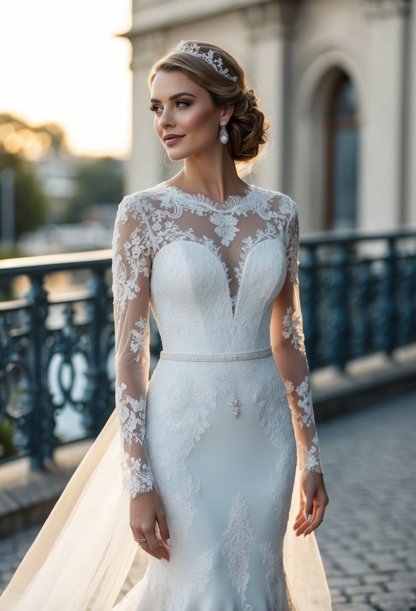 A lace fit-and-flare wedding dress with elegant lace sleeves, flowing train, and intricate details