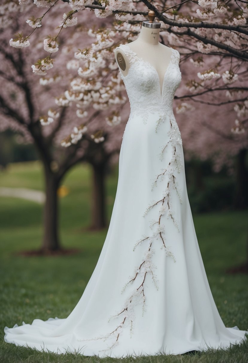 A flowing white wedding dress adorned with delicate cherry blossom embroidery cascading down the skirt and trailing up the bodice