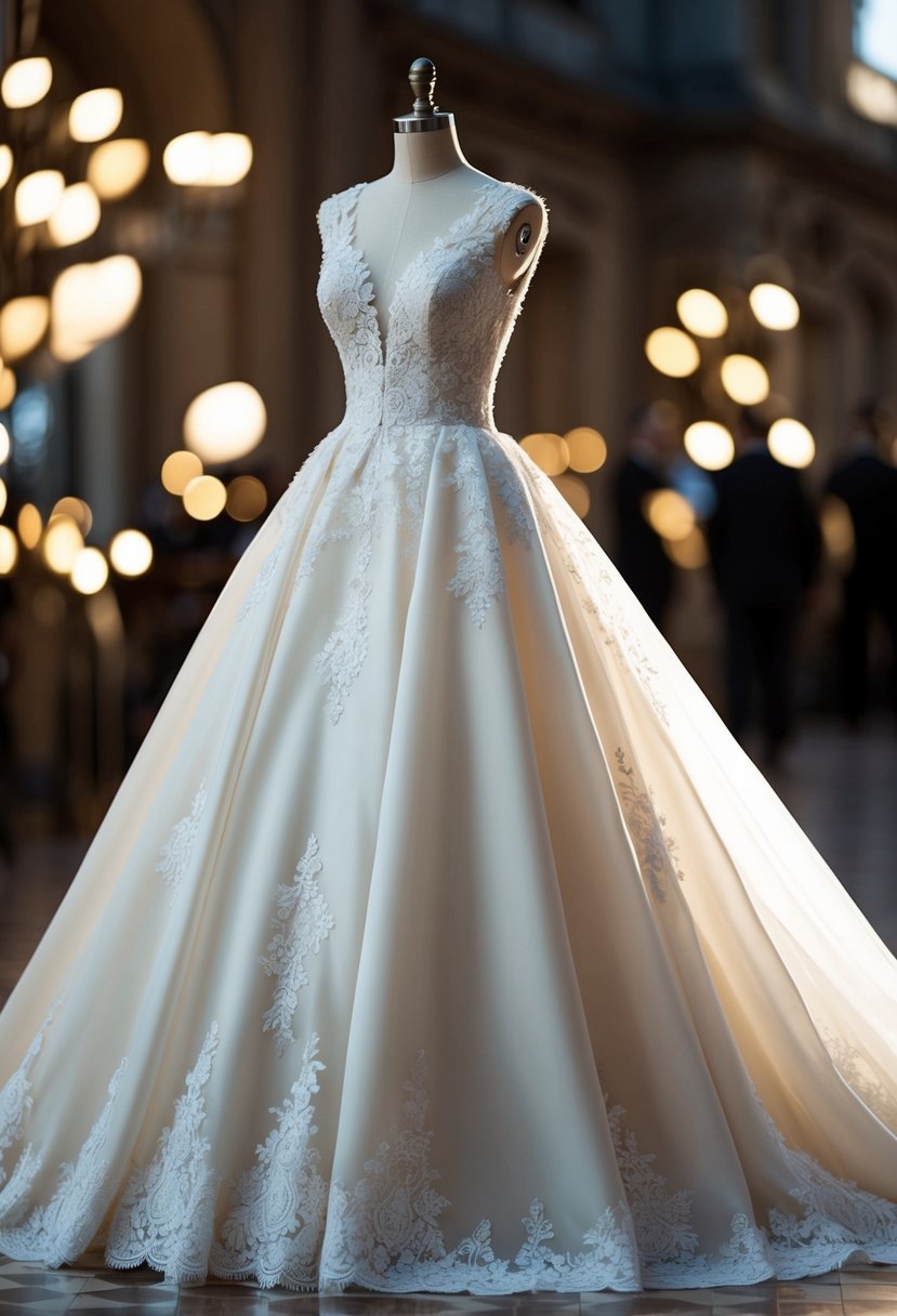 An elegant ivory A-line gown with delicate lace details, cascading train, and a classic silhouette