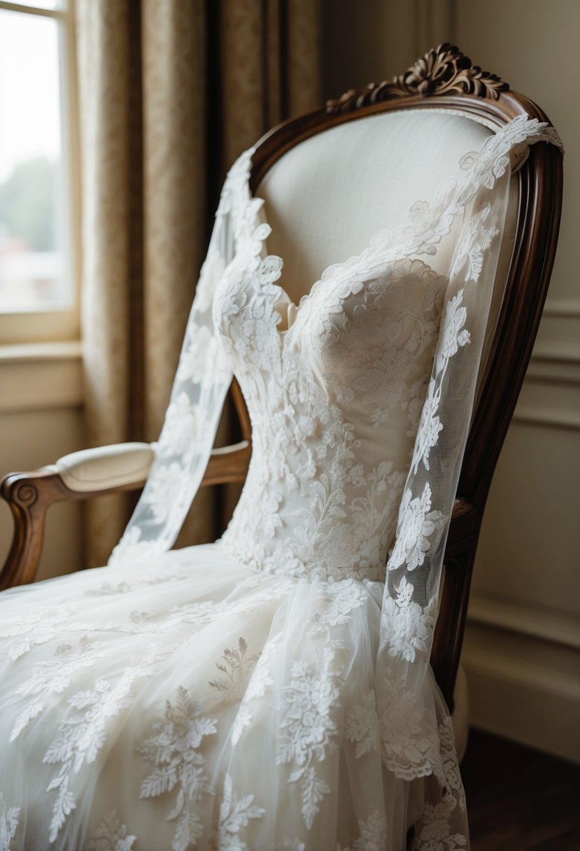 A delicate Chantilly lace wedding dress with elegant lace sleeves draped over a vintage chair