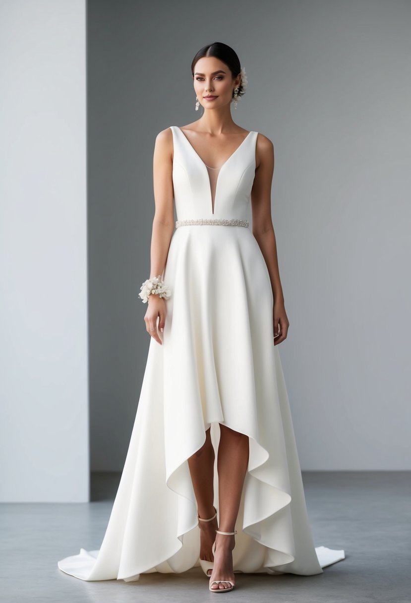 An ivory wedding dress with a high-low skirt, paired with modern accessories, set against a minimalist backdrop for a contemporary feel