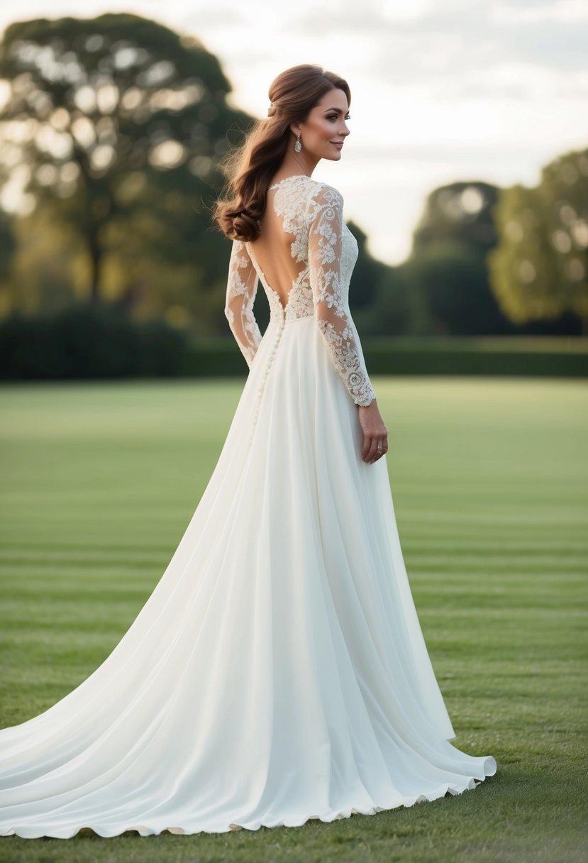 A flowing, elegant wedding dress with intricate lace sleeves inspired by Kate Middleton's iconic style