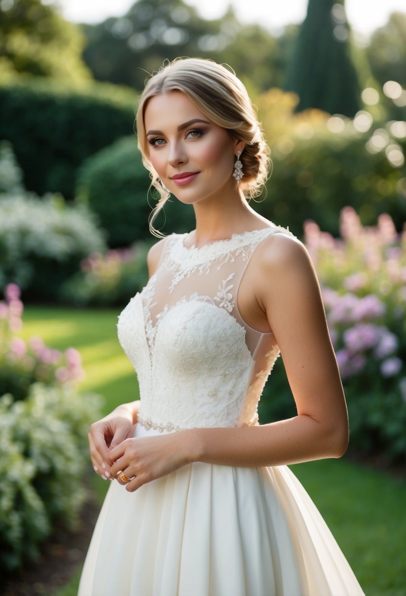 An ivory wedding dress with illusion neckline, delicate lace, and subtle sparkle in a romantic garden setting