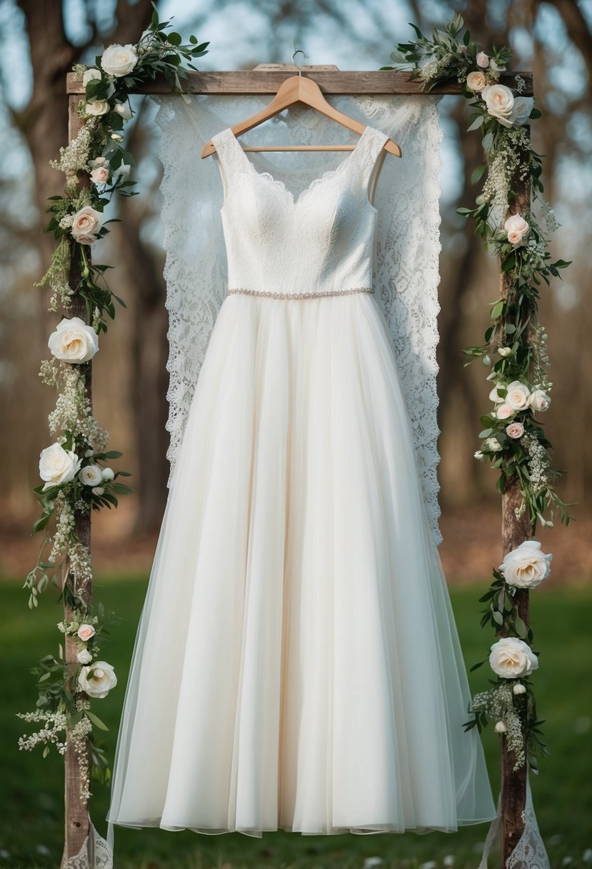 An ivory wedding dress with cap sleeves hangs on a rustic wooden hanger, surrounded by delicate lace and floral accents