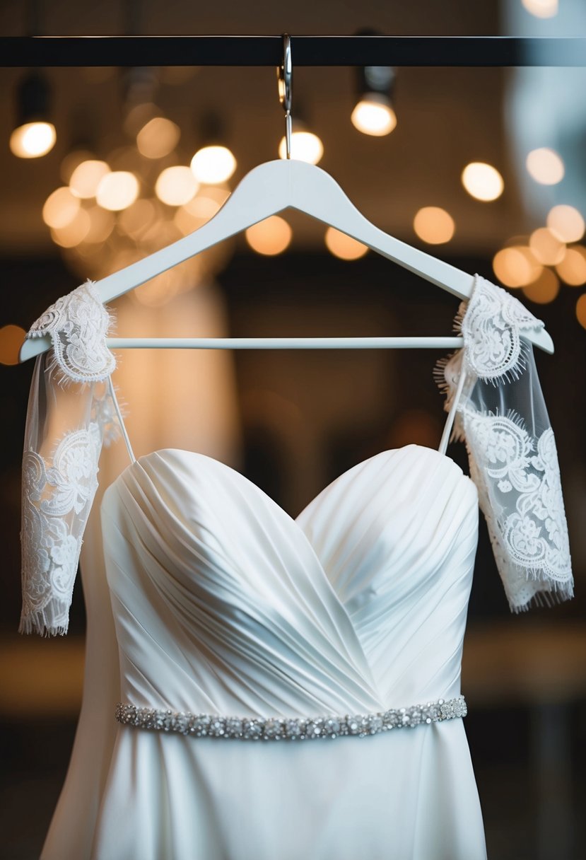 A strapless wedding dress with detached lace sleeves draping over a hanger