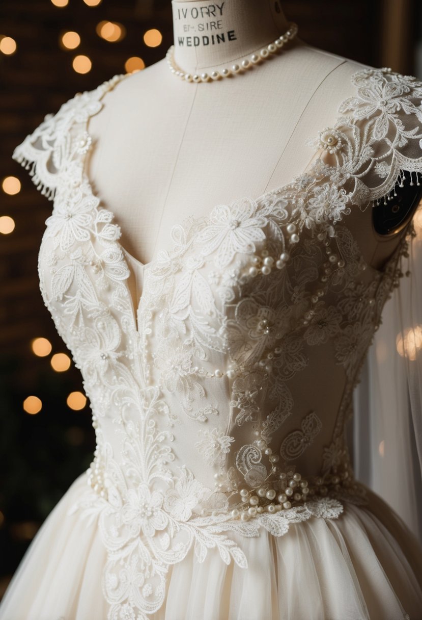 An ivory wedding dress adorned with vintage-inspired lace, pearls, and delicate embroidery