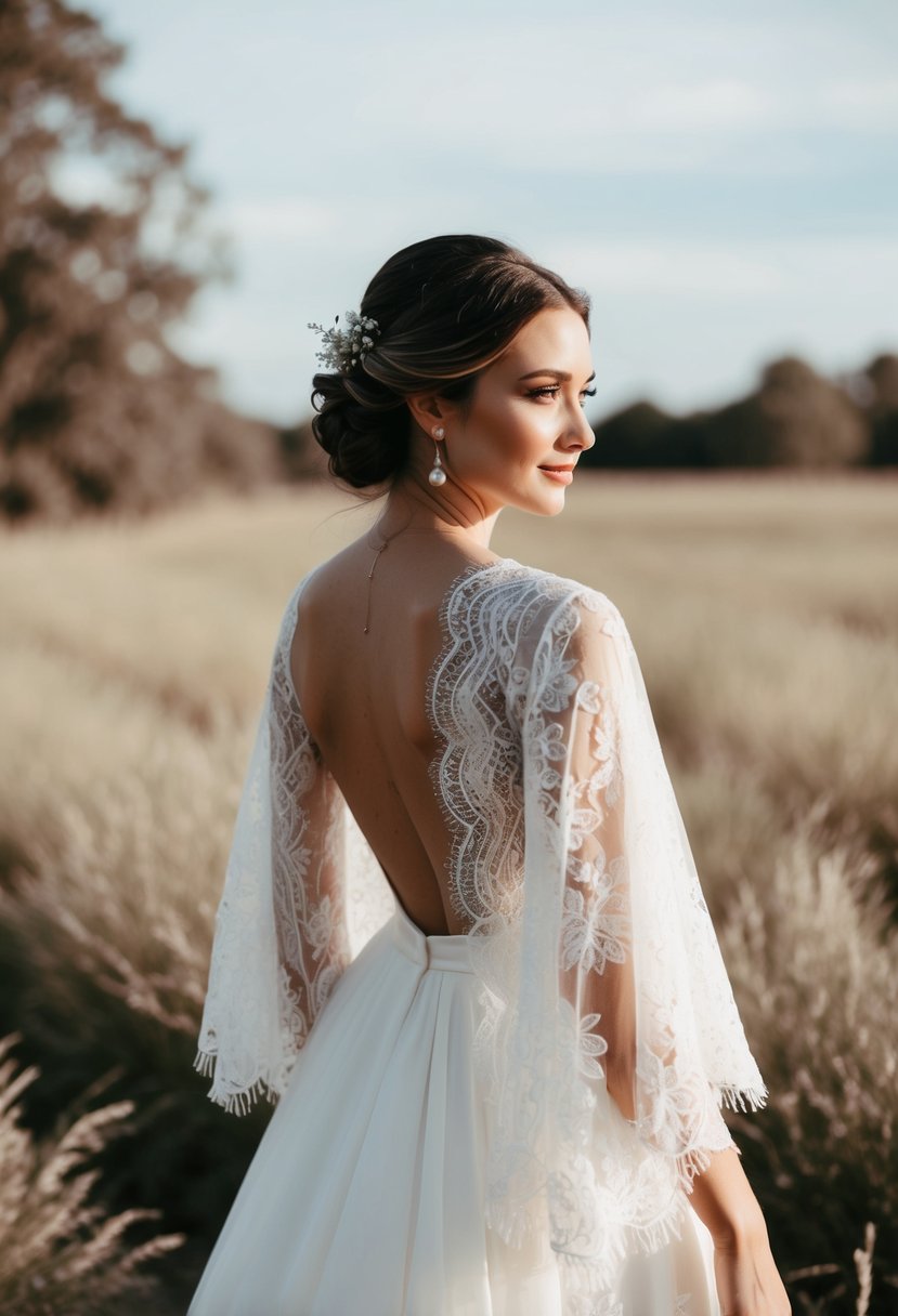 Flowy kimono-style lace sleeves drape over a delicate wedding dress, creating a romantic and ethereal look