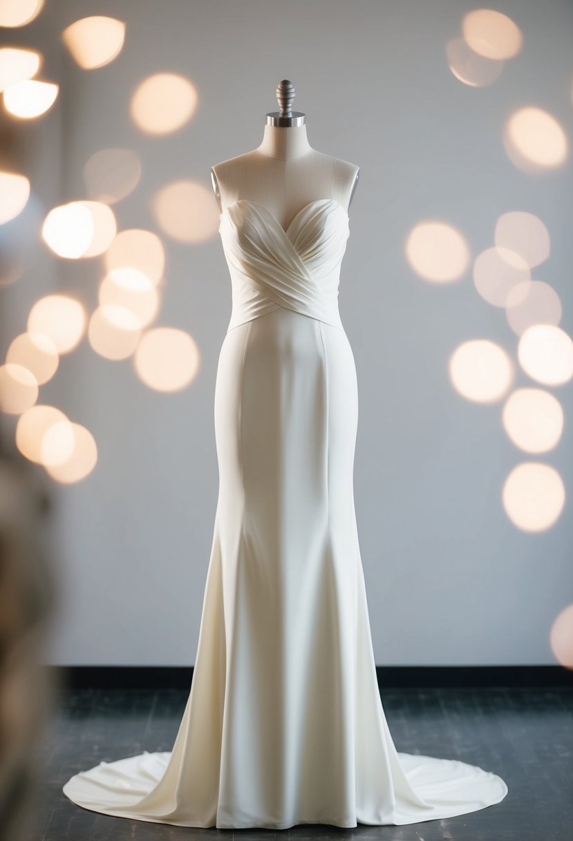 A simple ivory wedding dress on a sleek, modern mannequin