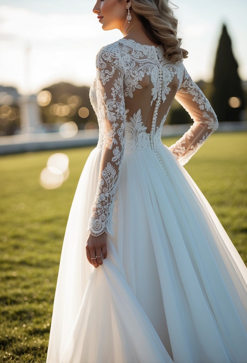 A regal wedding dress with intricate Venice Lace sleeves cascading down a flowing gown