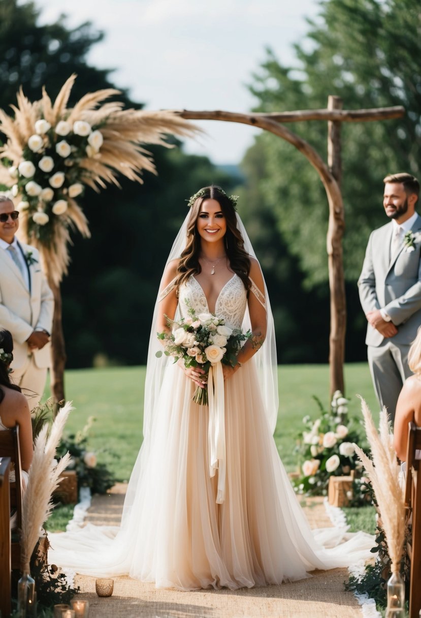 An outdoor wedding ceremony with a bride in a flowing ivory dress, surrounded by bohemian decor and nature-inspired elements