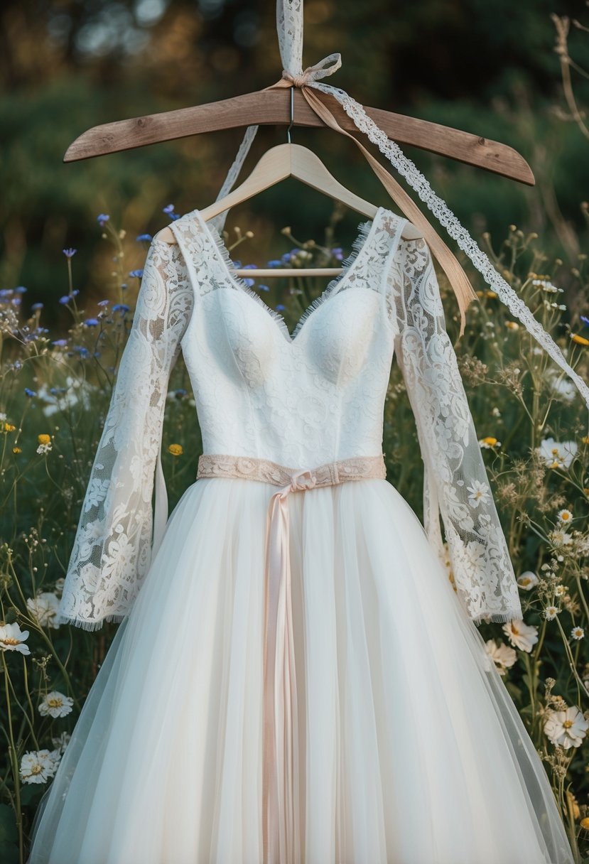 A whimsical wedding dress with rustic lace sleeves hangs on a weathered wooden hanger, surrounded by delicate wildflowers and vintage lace ribbons