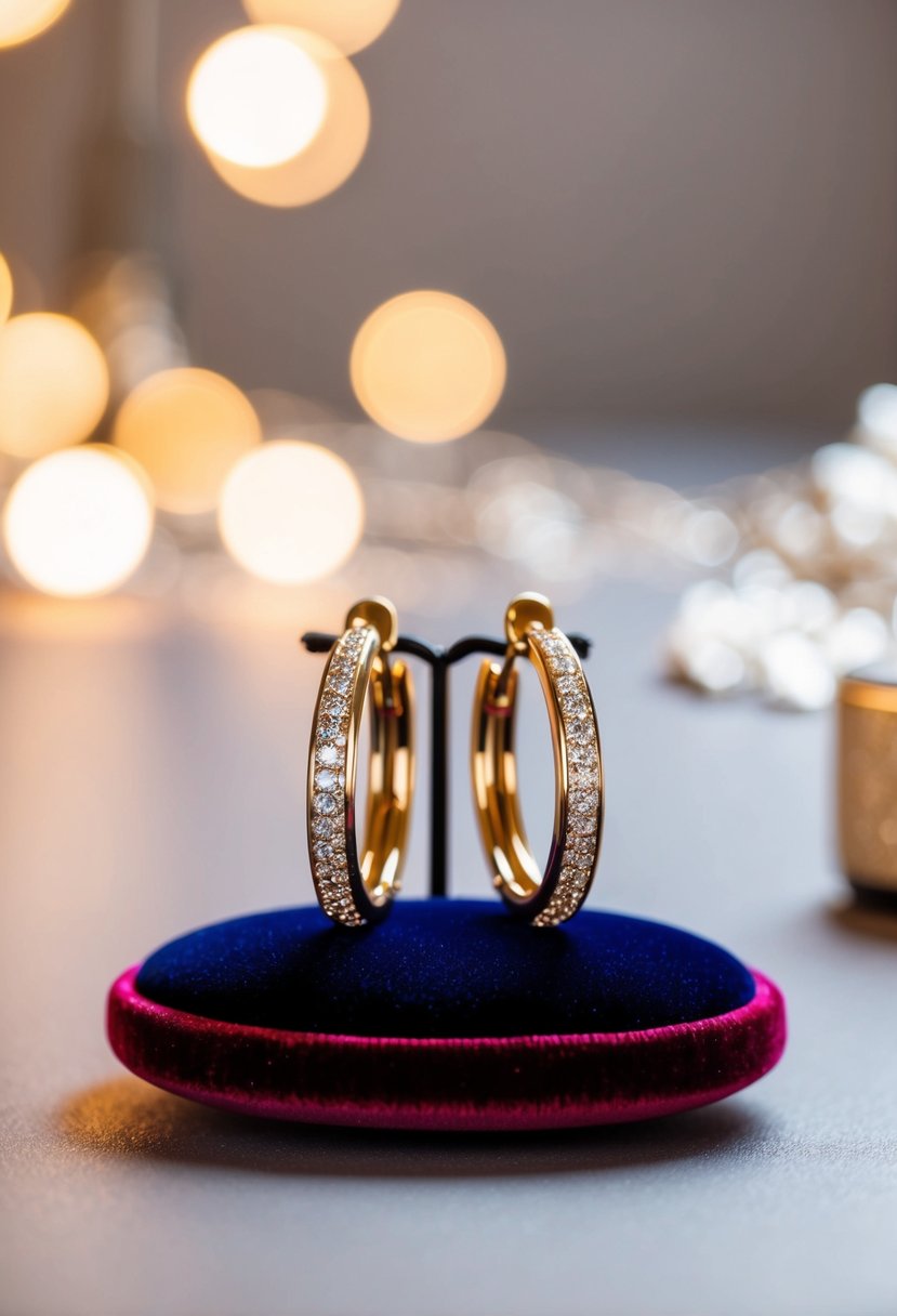 A pair of elegant, sparkling earrings displayed on a velvet cushion with soft, romantic lighting in the background